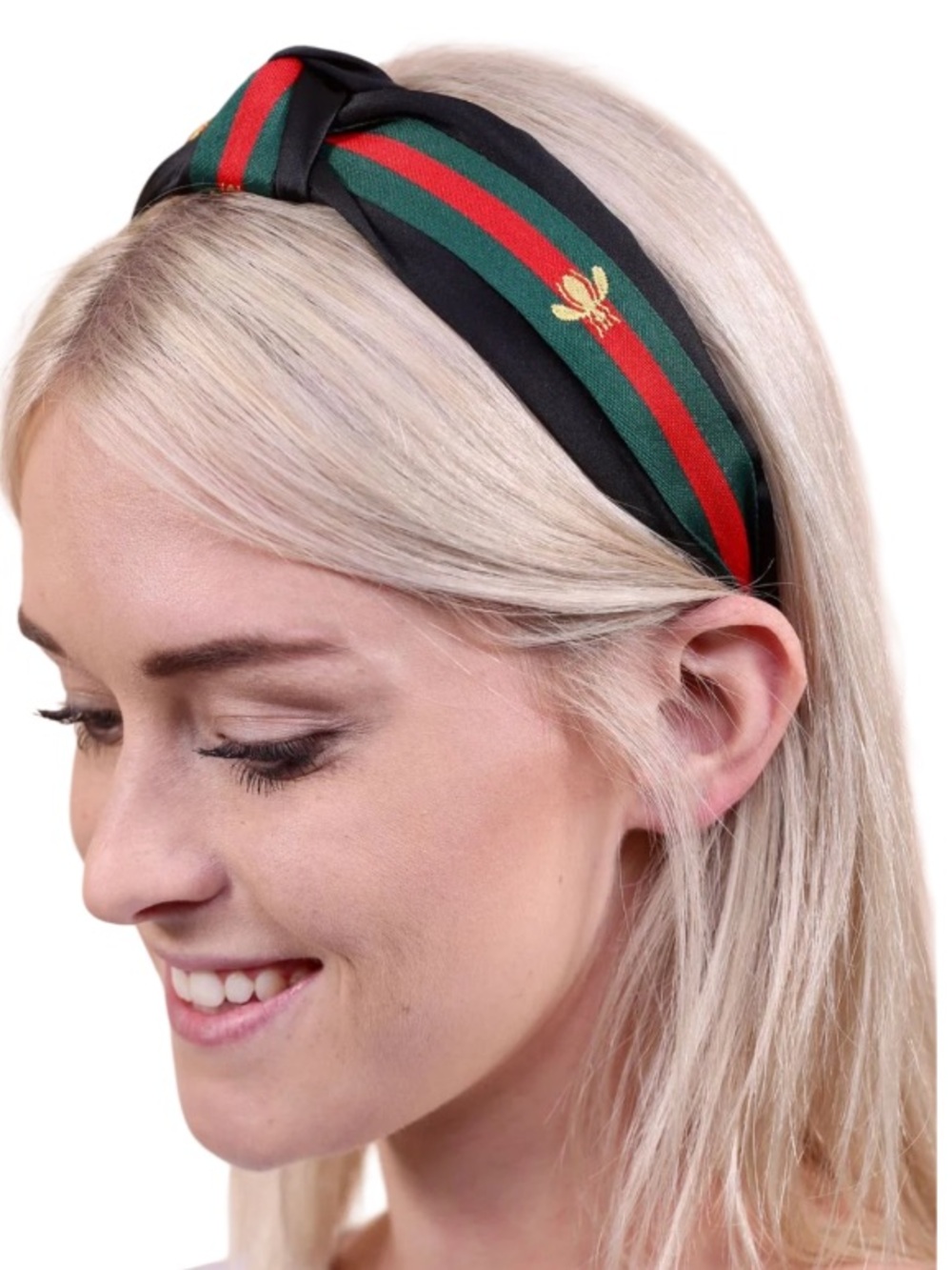 Green & Red Striped Top Knot Bee Headband. Detailed.
